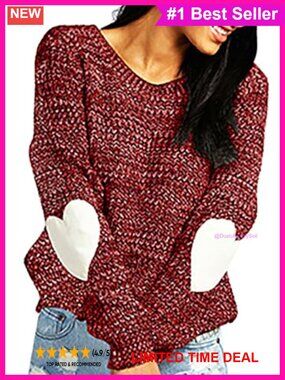 Cute Heart Pattern Elbow Patch Pullover Crew Neck Long Sleeve Women's Sweater